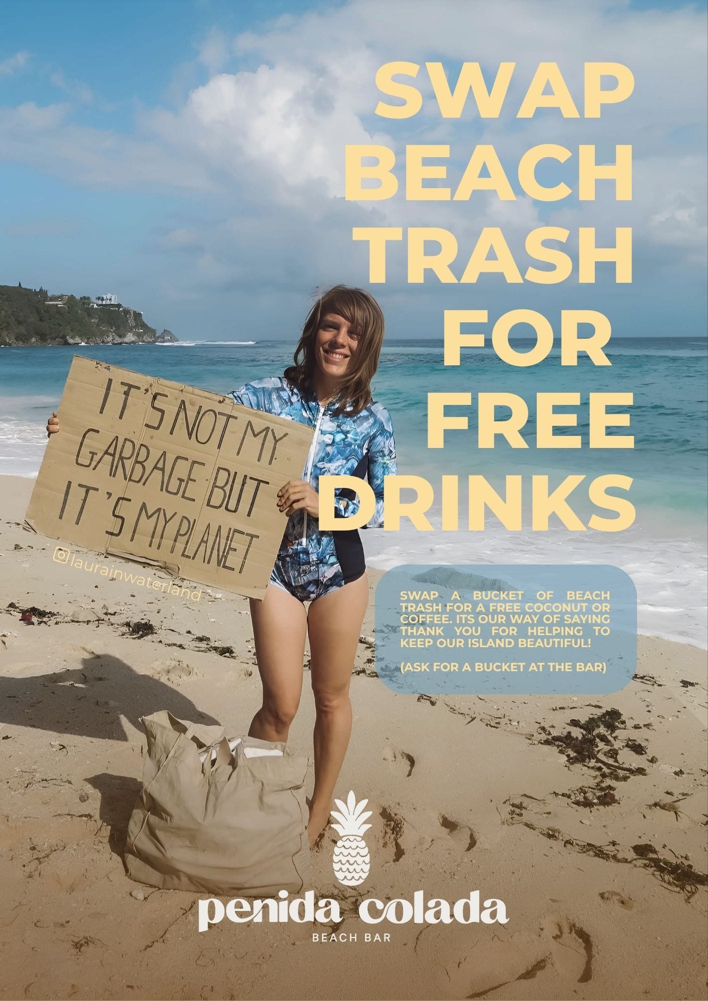 swap beach cleanup trash for free drinks at penida colada beach bar, nusa penida.